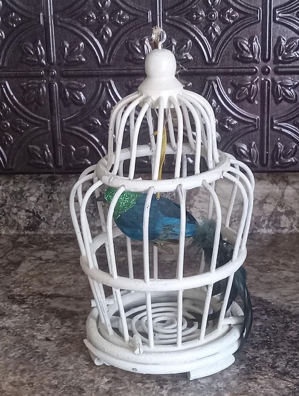 Vintage Bamboo Wood Birdcage With Bird Bottom Opens Up